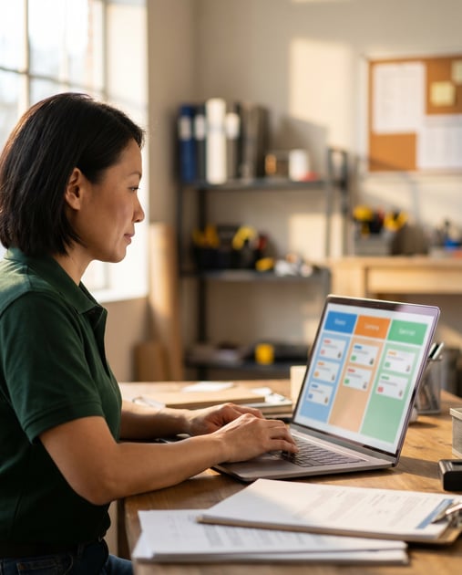 HVAC company owner reviewing revenue and pipeline growth on a laptop instead of buying more trucks