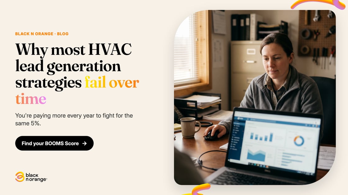 HVAC company owner reviewing a rising cost-per-lead chart, weighing lead generation strategies against a demand system