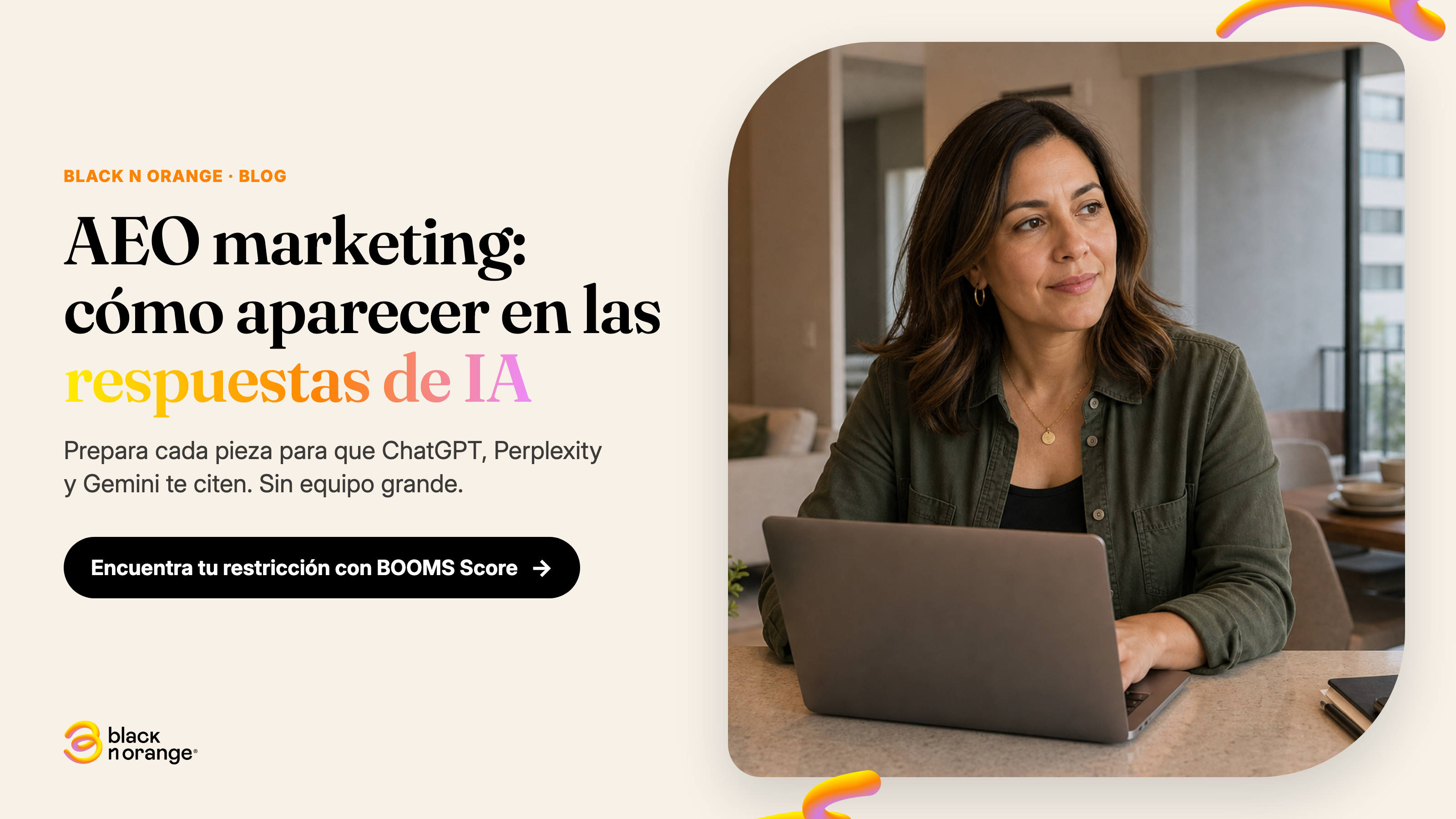 Líder de marketing preparando contenido para aparecer en respuestas de IA — portada del artículo de AEO marketing de Black n Orange