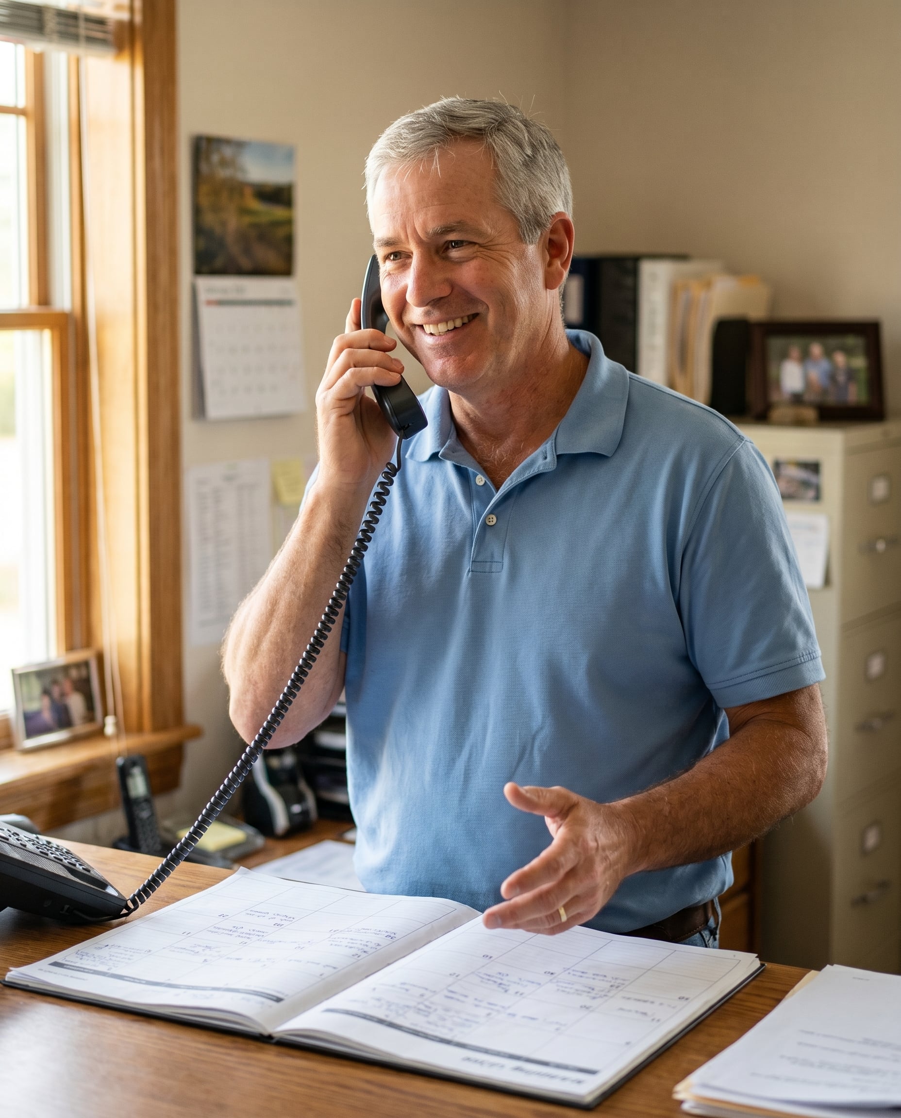 HVAC company owner answering a booked-job call generated by marketing that works