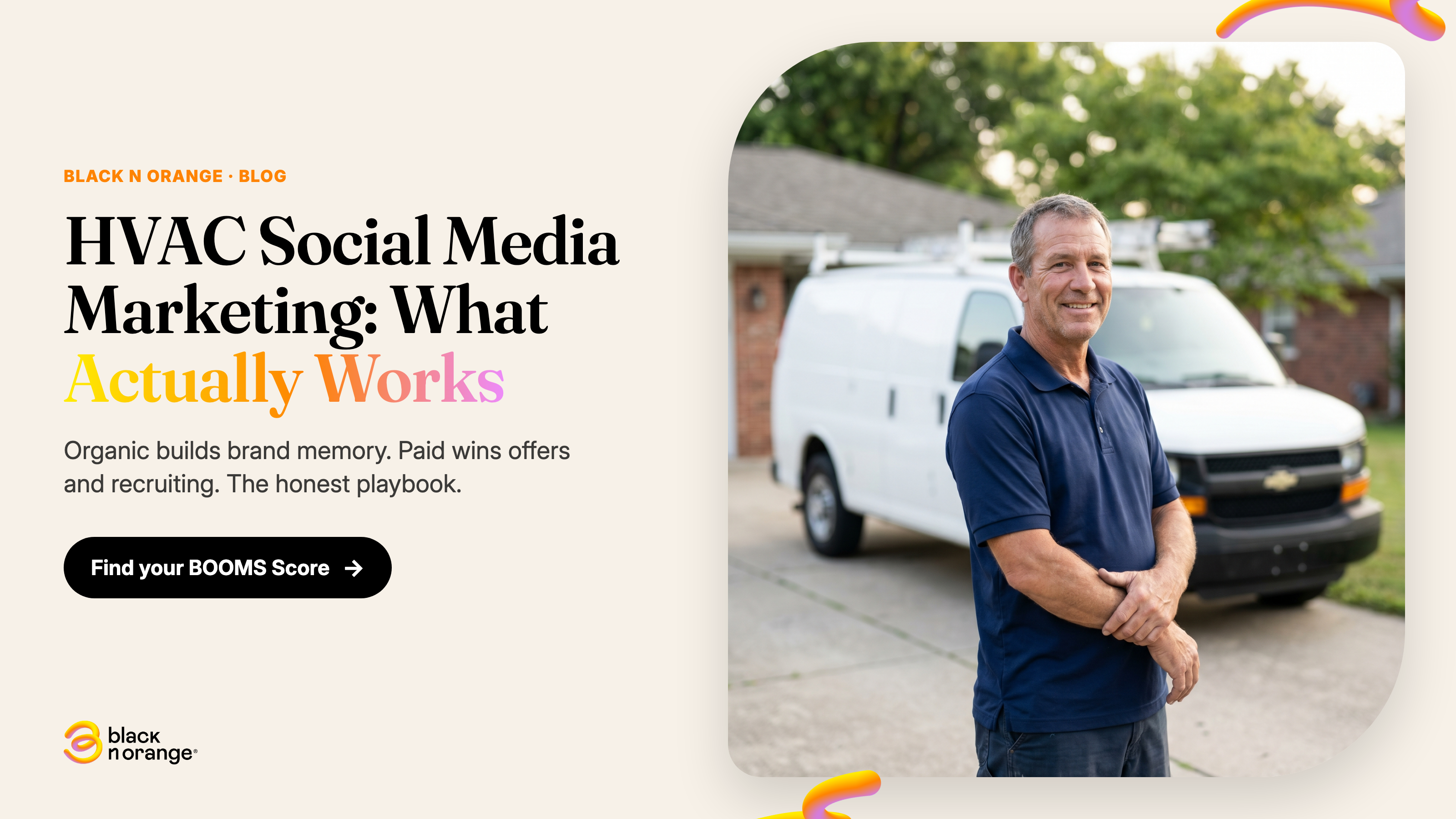 HVAC company owner reviewing social media marketing performance on a laptop in a service office