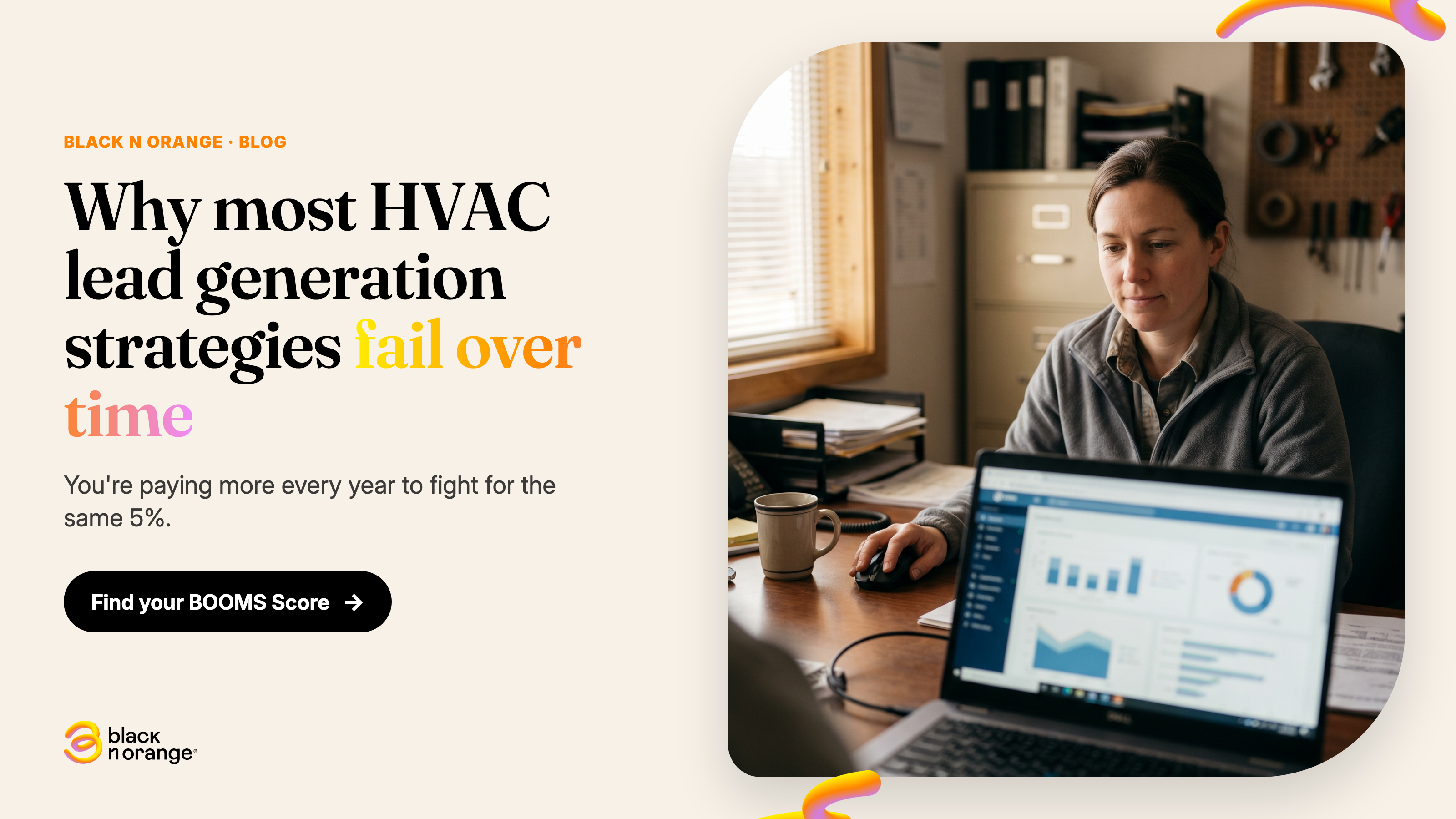 HVAC company owner reviewing a rising cost-per-lead chart, weighing lead generation strategies against a demand system